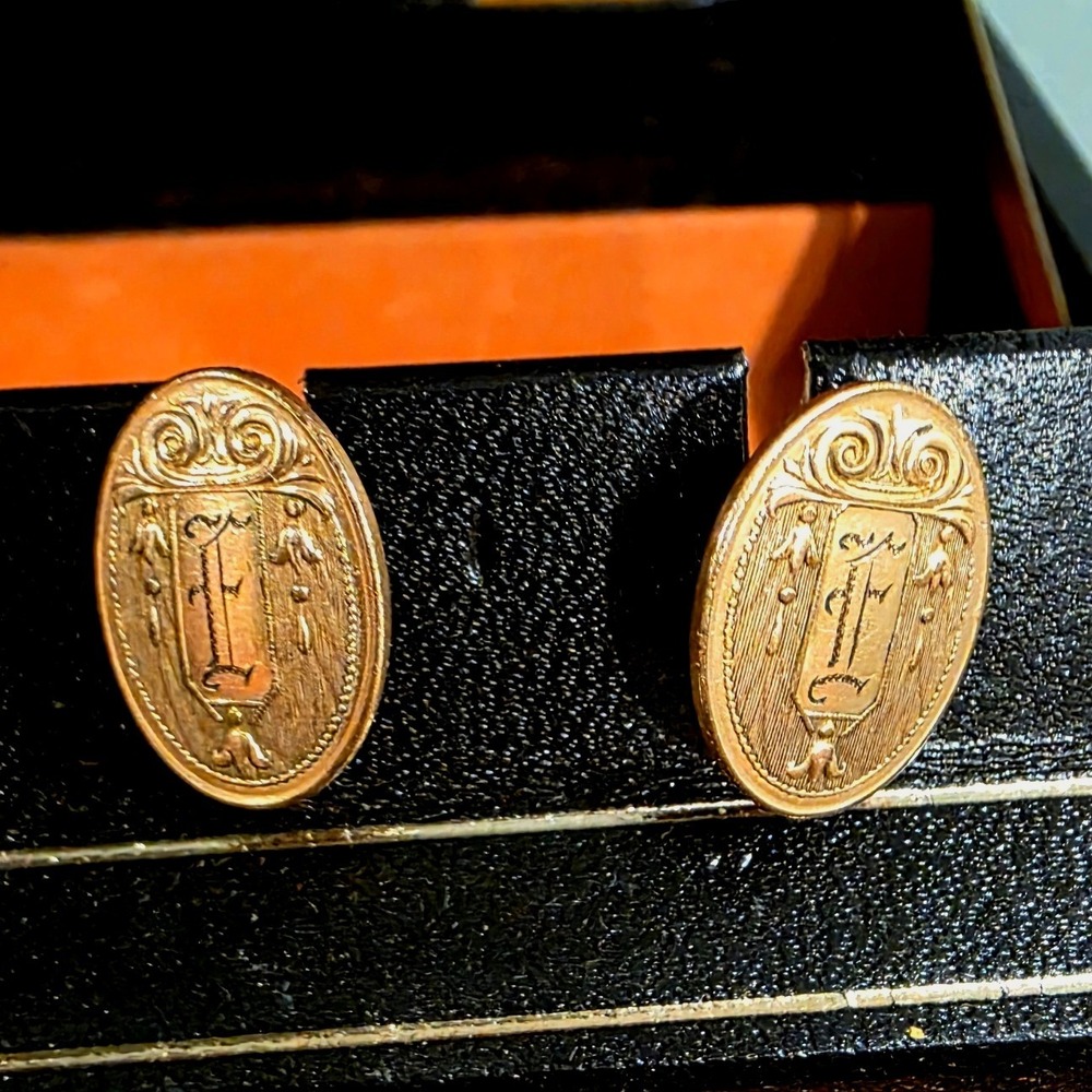Antique Gold Tone Monogrammed Crest Oval Cufflinks Victorian Style Monogram E